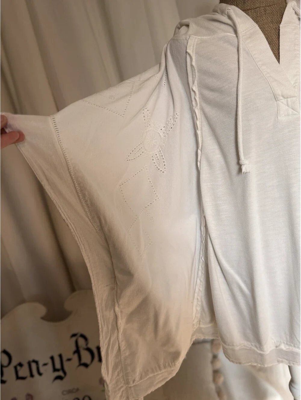 Free People Be There Oversized Ivory Hoodie Poncho Embroidered Eyelet Detailing